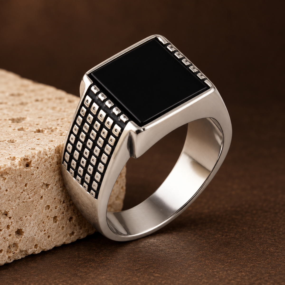 Black Square Grid Signet Ring | Silver-Tone – For Men | Includes: Ring