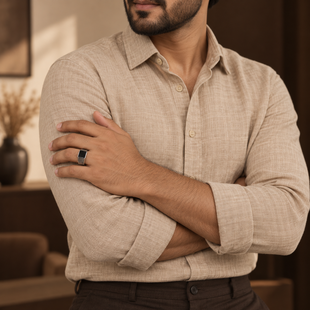 Black Square Grid Signet Ring | Silver-Tone – For Men | Includes: Ring