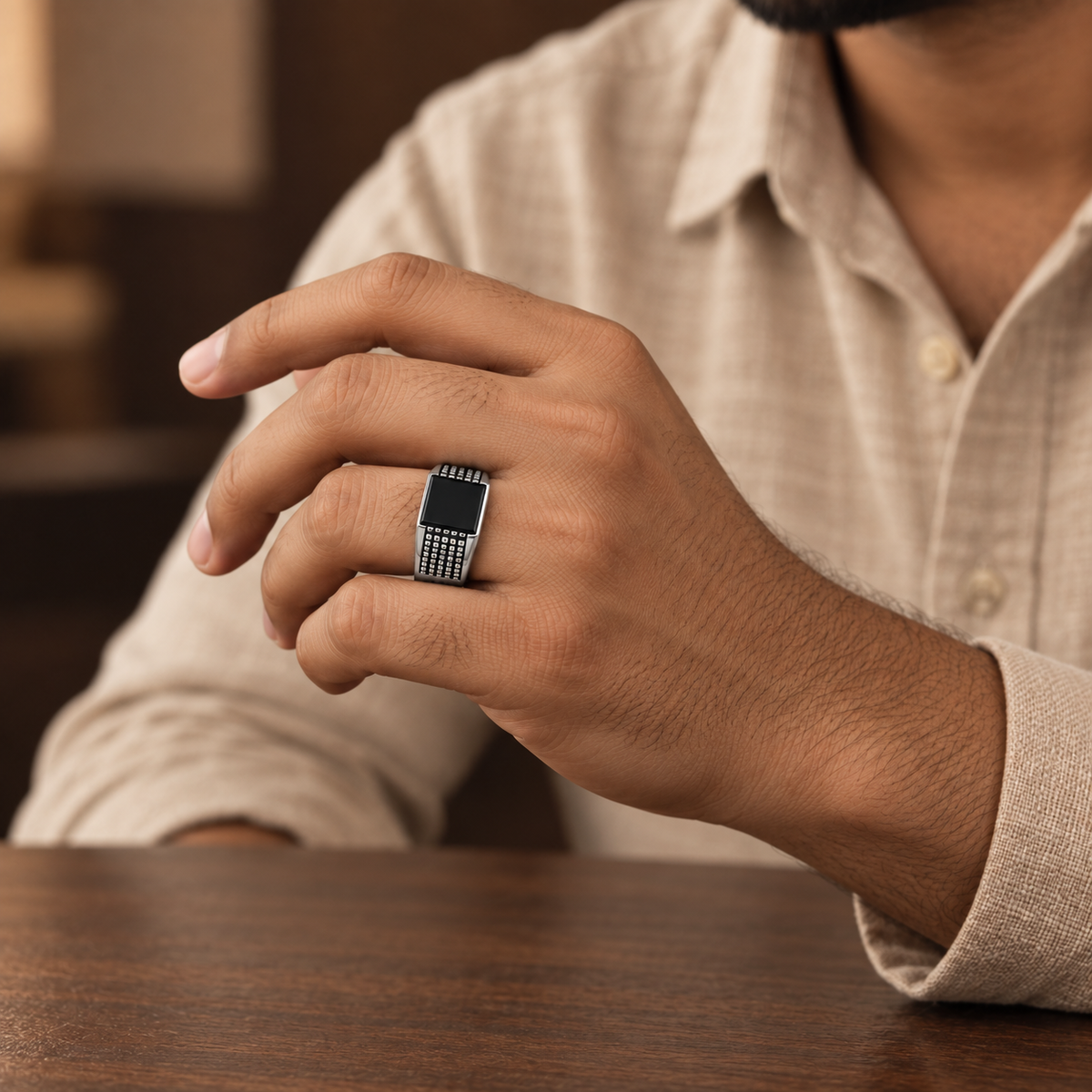Black Square Grid Signet Ring | Silver-Tone – For Men | Includes: Ring