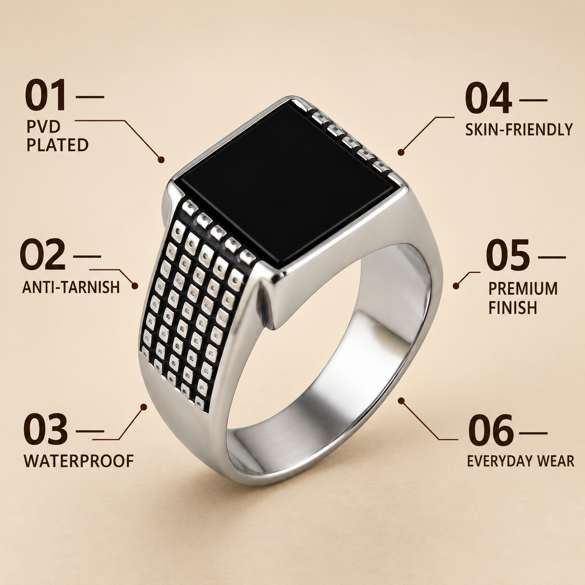 Black Square Grid Signet Ring | Silver-Tone – For Men | Includes: Ring