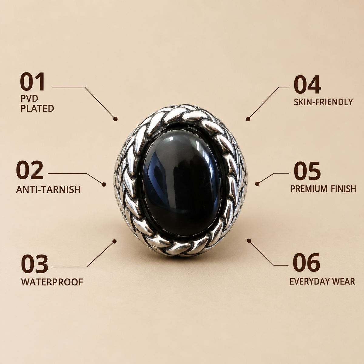 Black Oval Braided Statement Ring | Silver-Tone – For Men | Includes: Ring