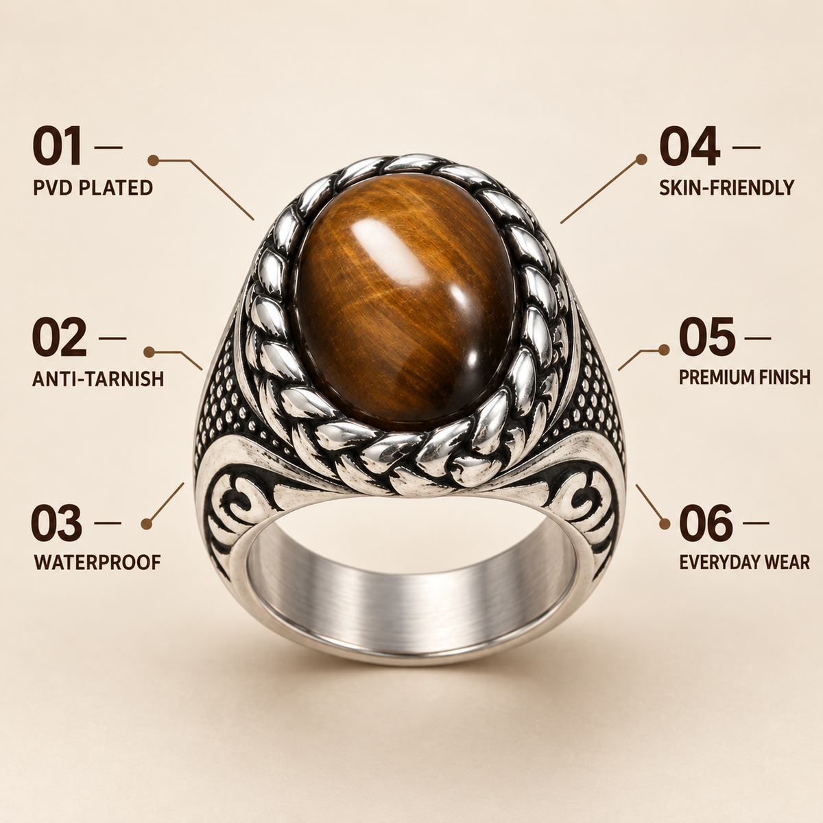 Brown Oval Braided Statement Ring | Silver-Tone – For Men | Includes: Ring
