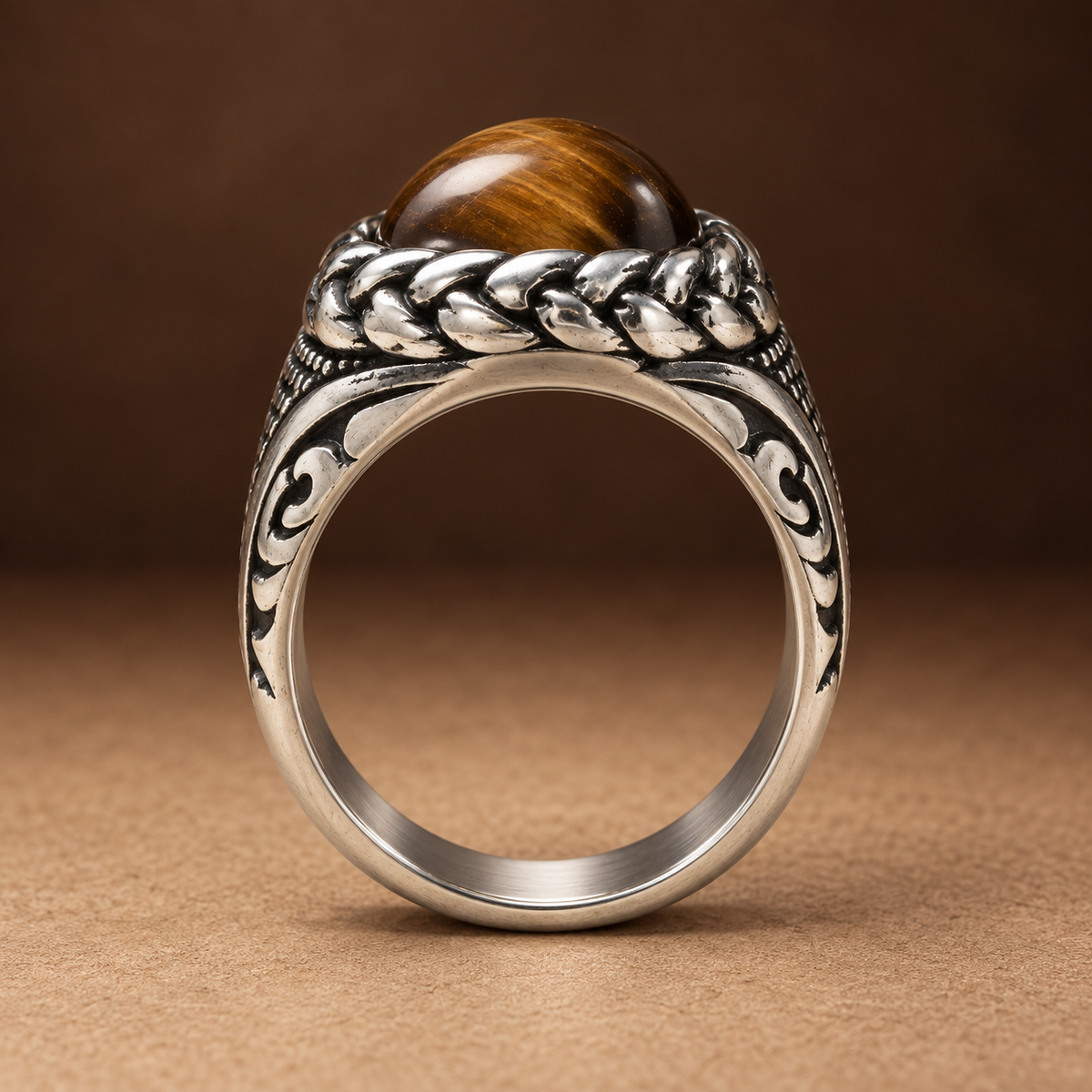Brown Oval Braided Statement Ring | Silver-Tone – For Men | Includes: Ring