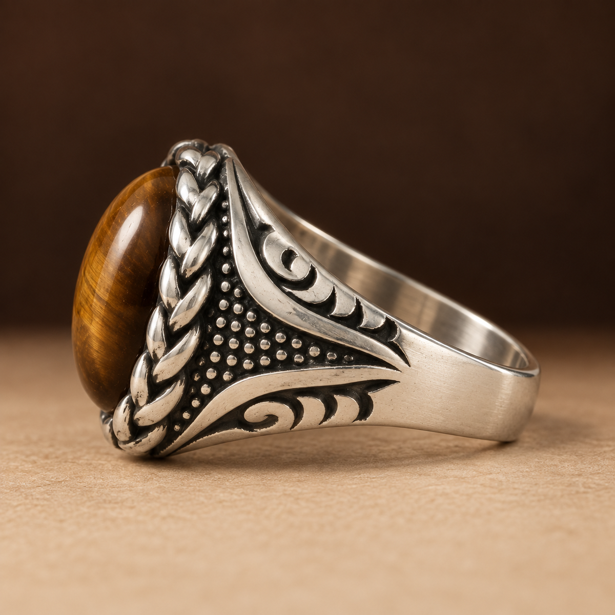 Brown Oval Braided Statement Ring | Silver-Tone – For Men | Includes: Ring