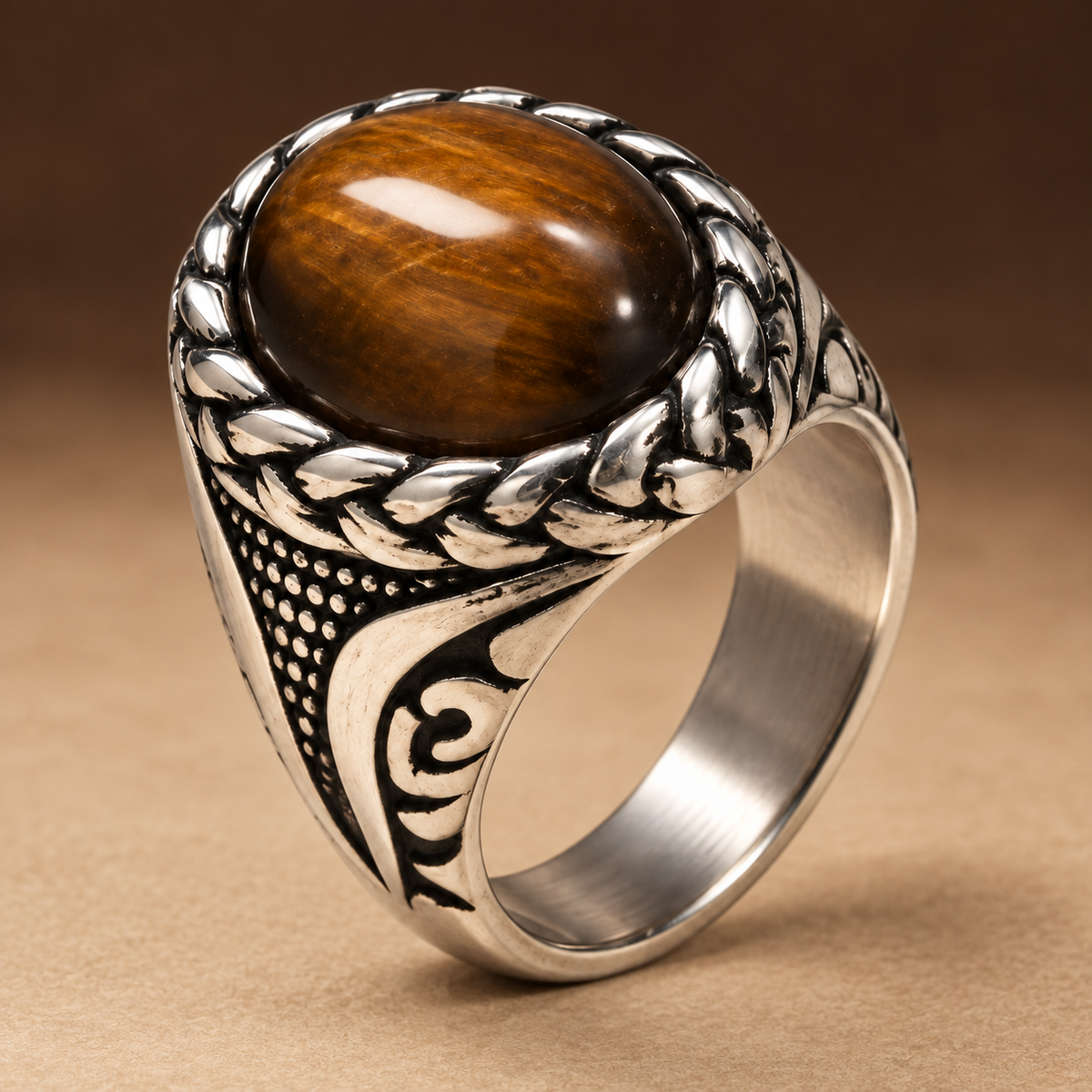 Brown Oval Braided Statement Ring | Silver-Tone – For Men | Includes: Ring