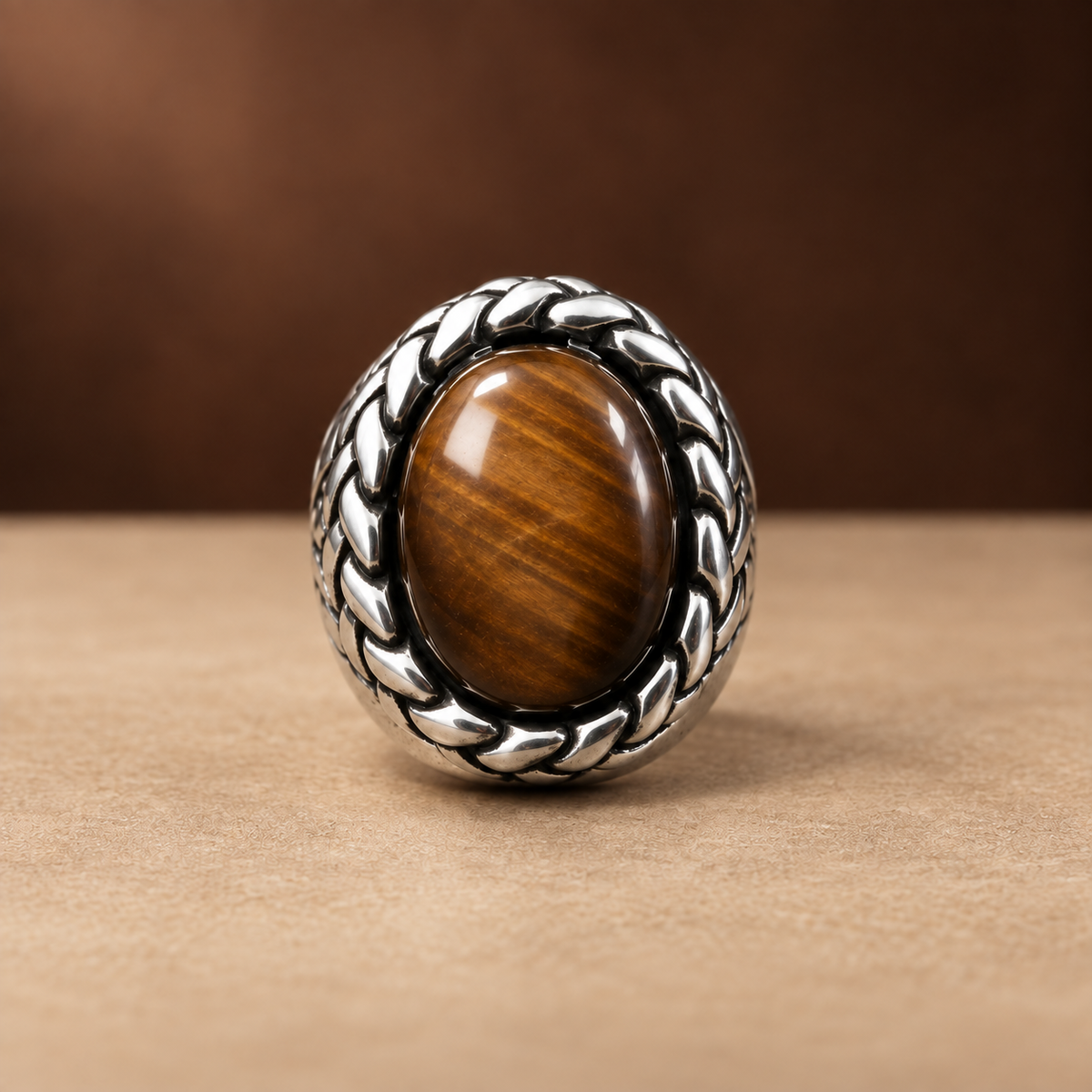 Brown Oval Braided Statement Ring | Silver-Tone – For Men | Includes: Ring
