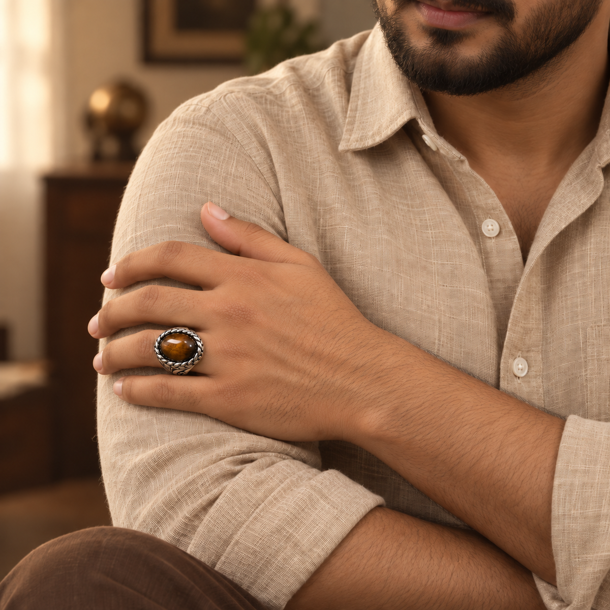Brown Oval Braided Statement Ring | Silver-Tone – For Men | Includes: Ring