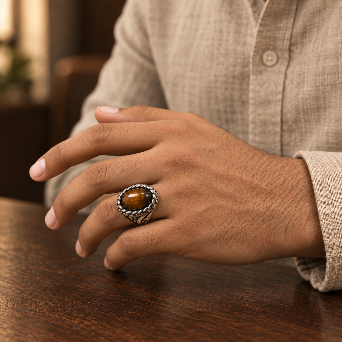Brown Oval Braided Statement Ring | Silver-Tone – For Men | Includes: Ring