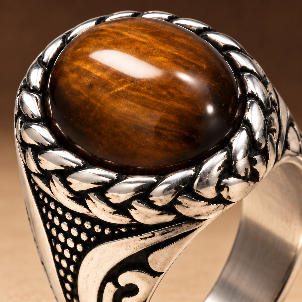 Brown Oval Braided Statement Ring | Silver-Tone – For Men | Includes: Ring