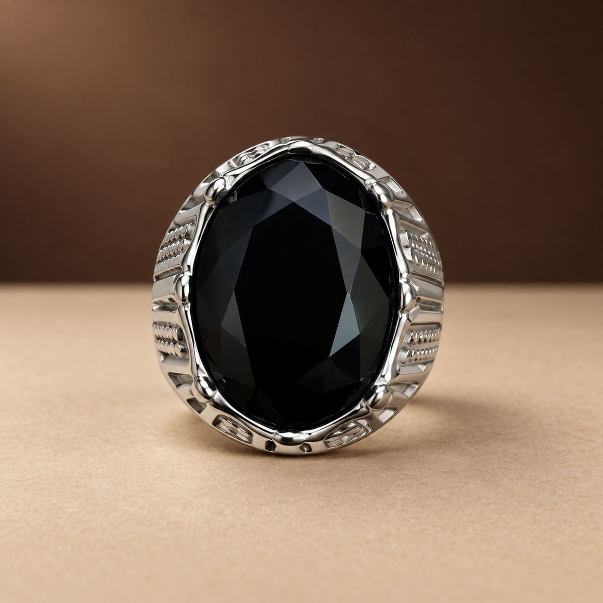 Black Oval Ribbed Ring | Silver-Tone – For Men | Includes: Ring