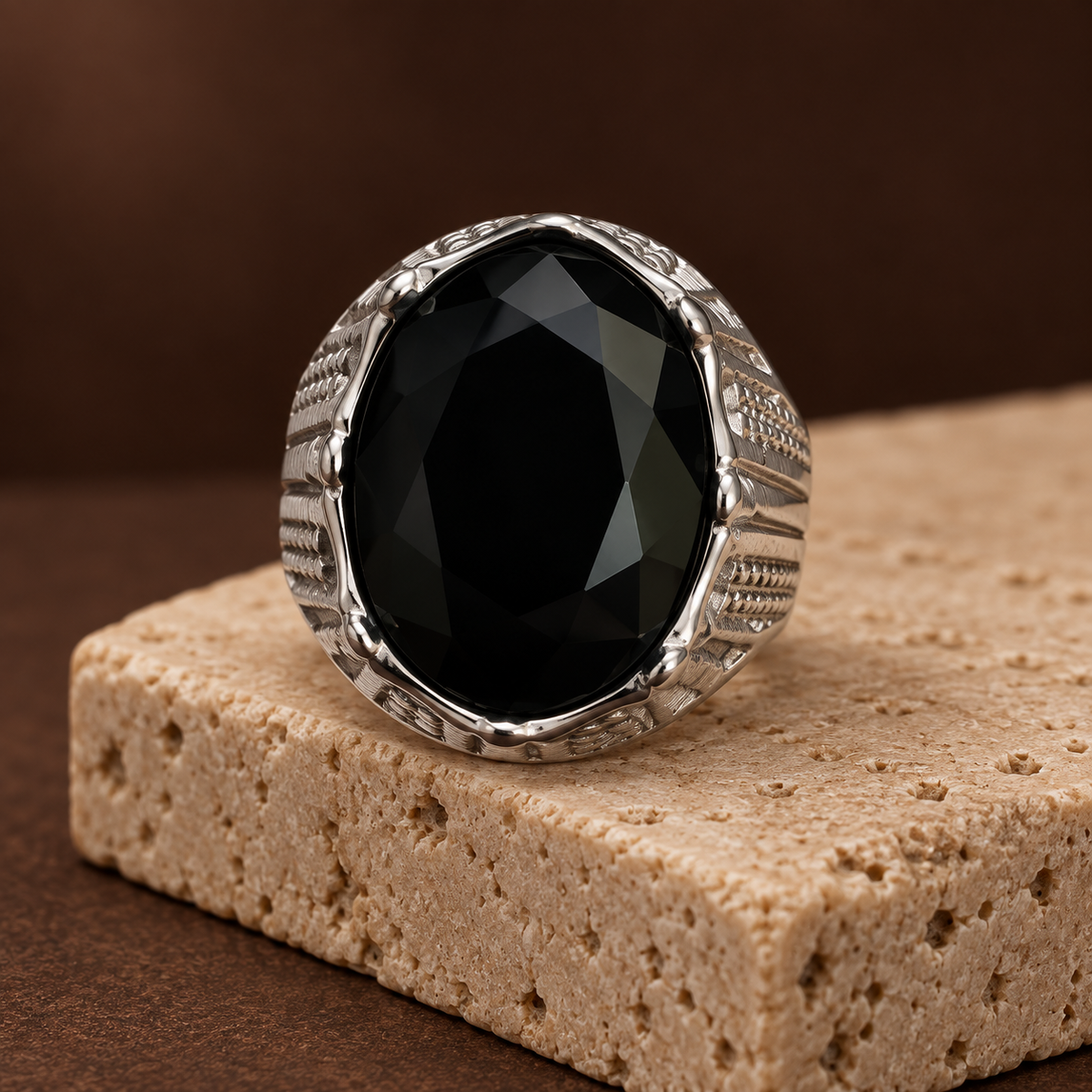 Black Oval Ribbed Ring | Silver-Tone – For Men | Includes: Ring