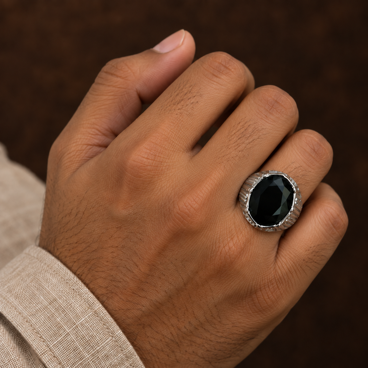 Black Oval Ribbed Ring | Silver-Tone – For Men | Includes: Ring