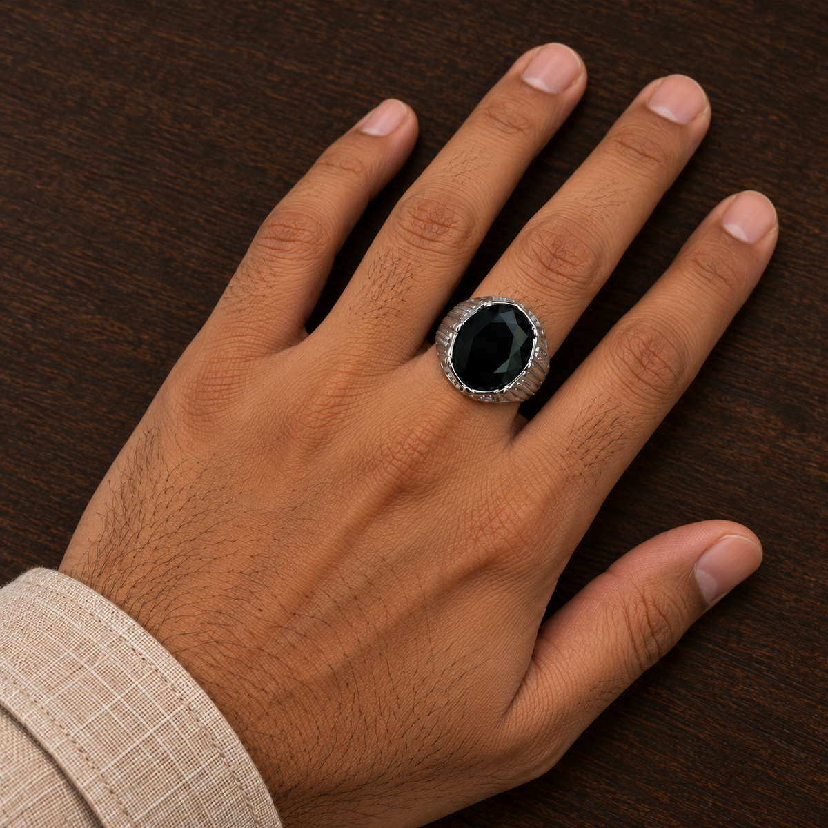 Black Oval Ribbed Ring | Silver-Tone – For Men | Includes: Ring