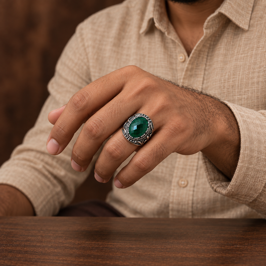 Green Oval Scrollwork Ring | Silver-Tone – For Men | Includes: Ring