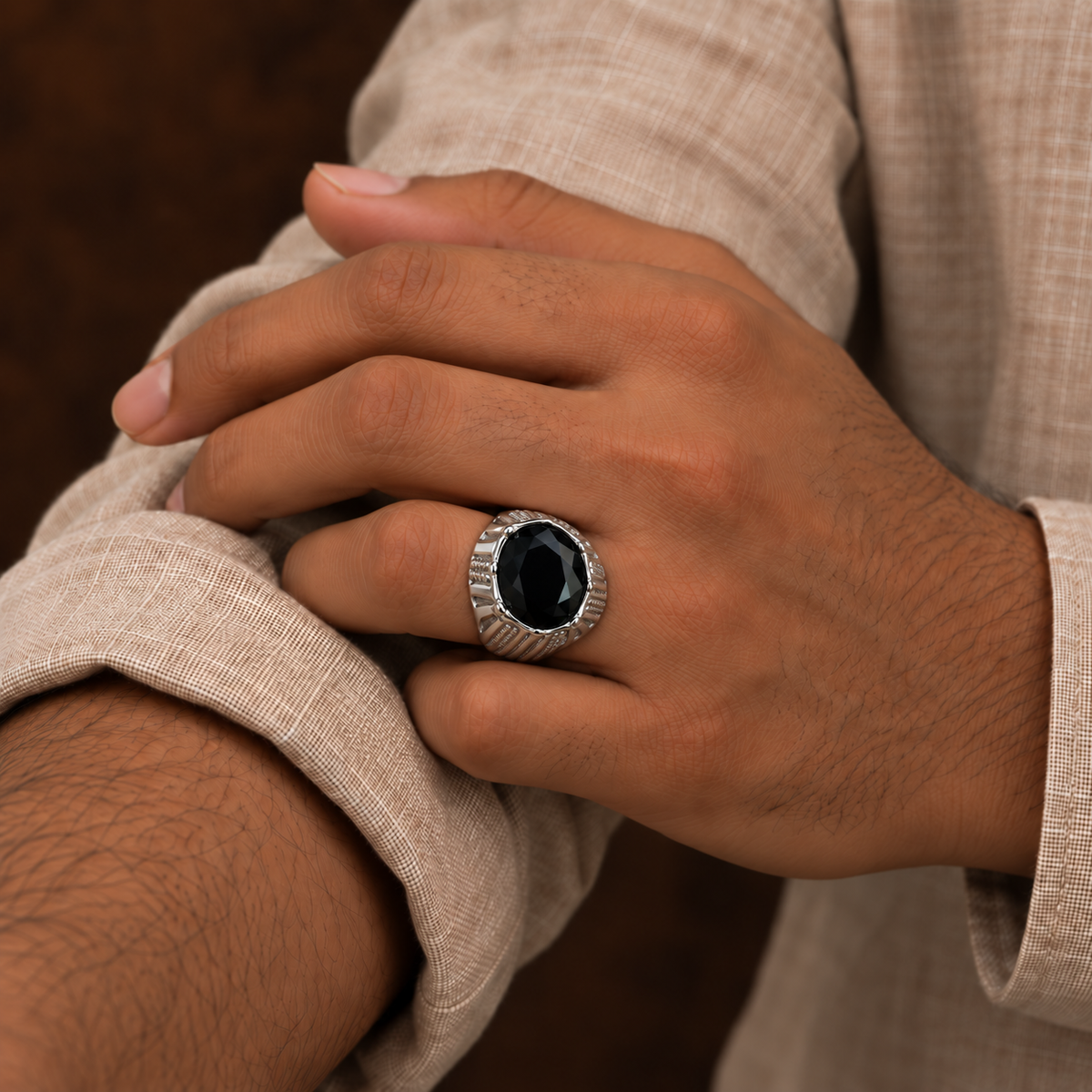 Black Oval Ribbed Ring | Silver-Tone – For Men | Includes: Ring