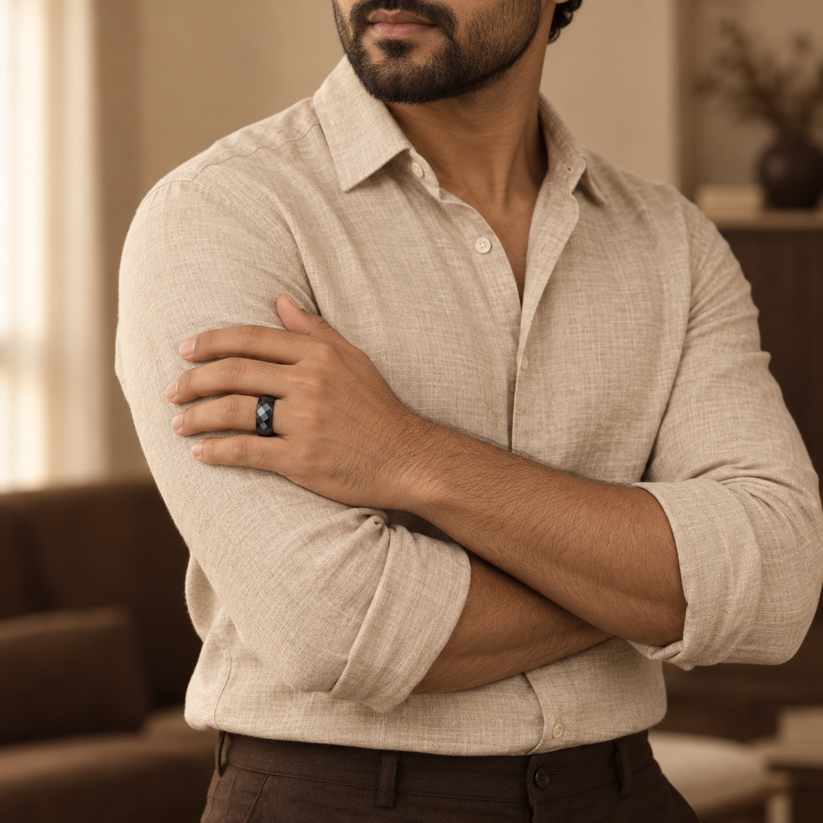 Geometric Faceted Band Ring | Black-Tone – For Men | Includes: Ring