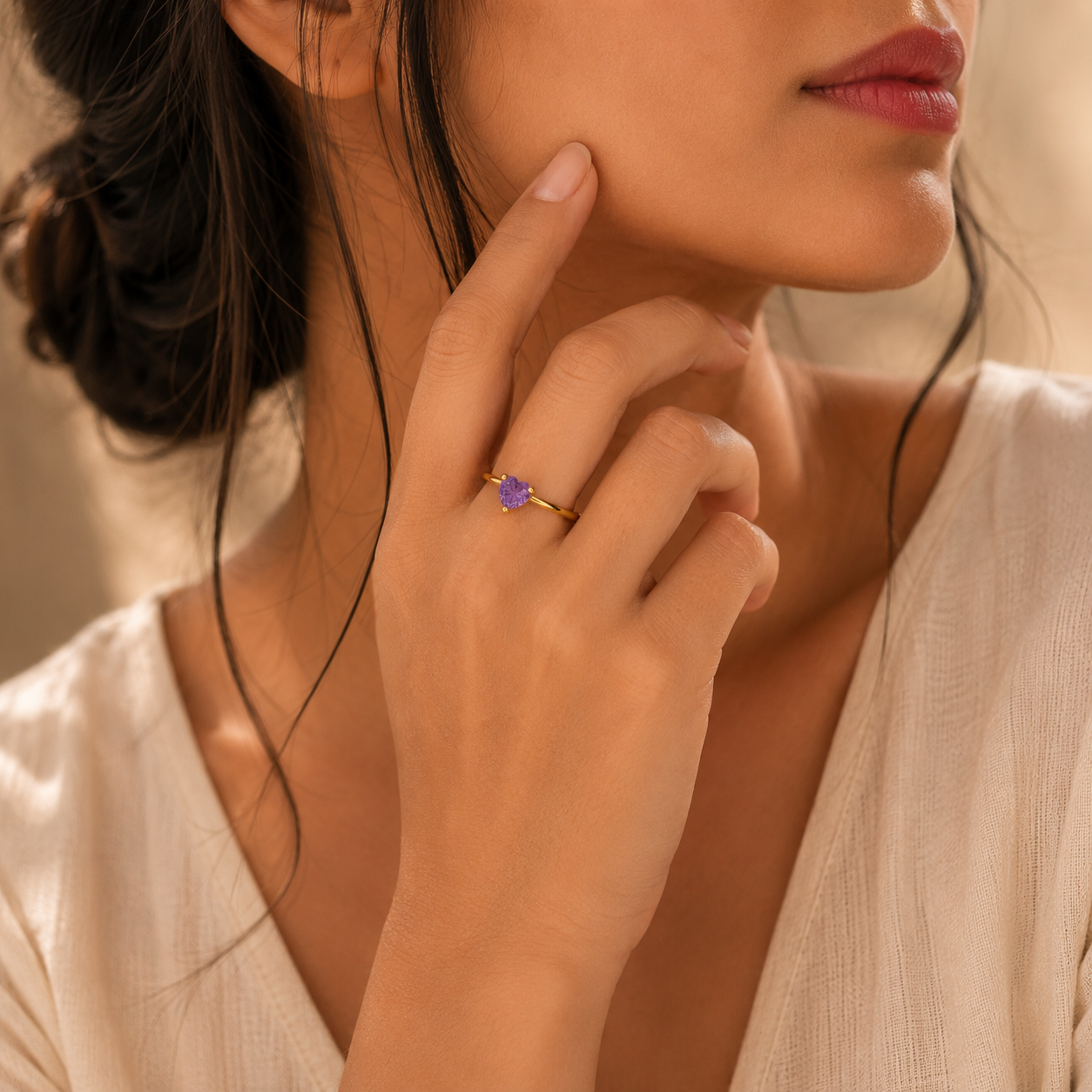 Dainty Purple Solitaire Heart Zircon Flexi Size Ring | 18K PVD Gold Plated- For Women | Includes: Ring