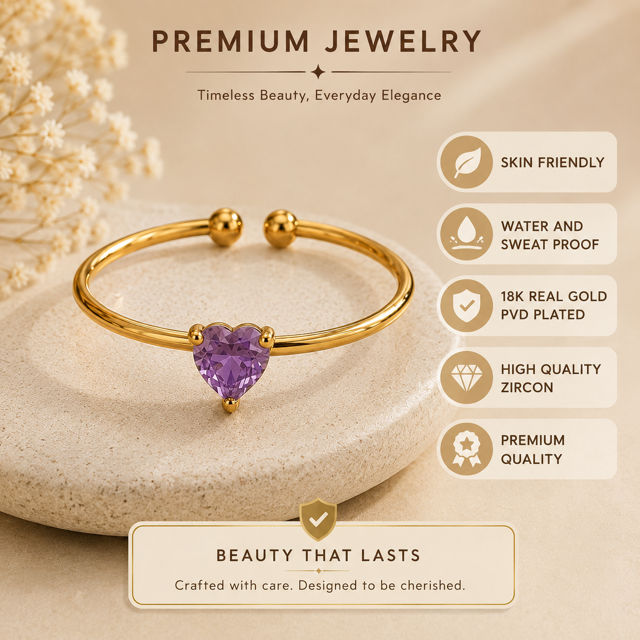 Dainty Purple Solitaire Heart Zircon Flexi Size Ring | 18K PVD Gold Plated- For Women | Includes: Ring