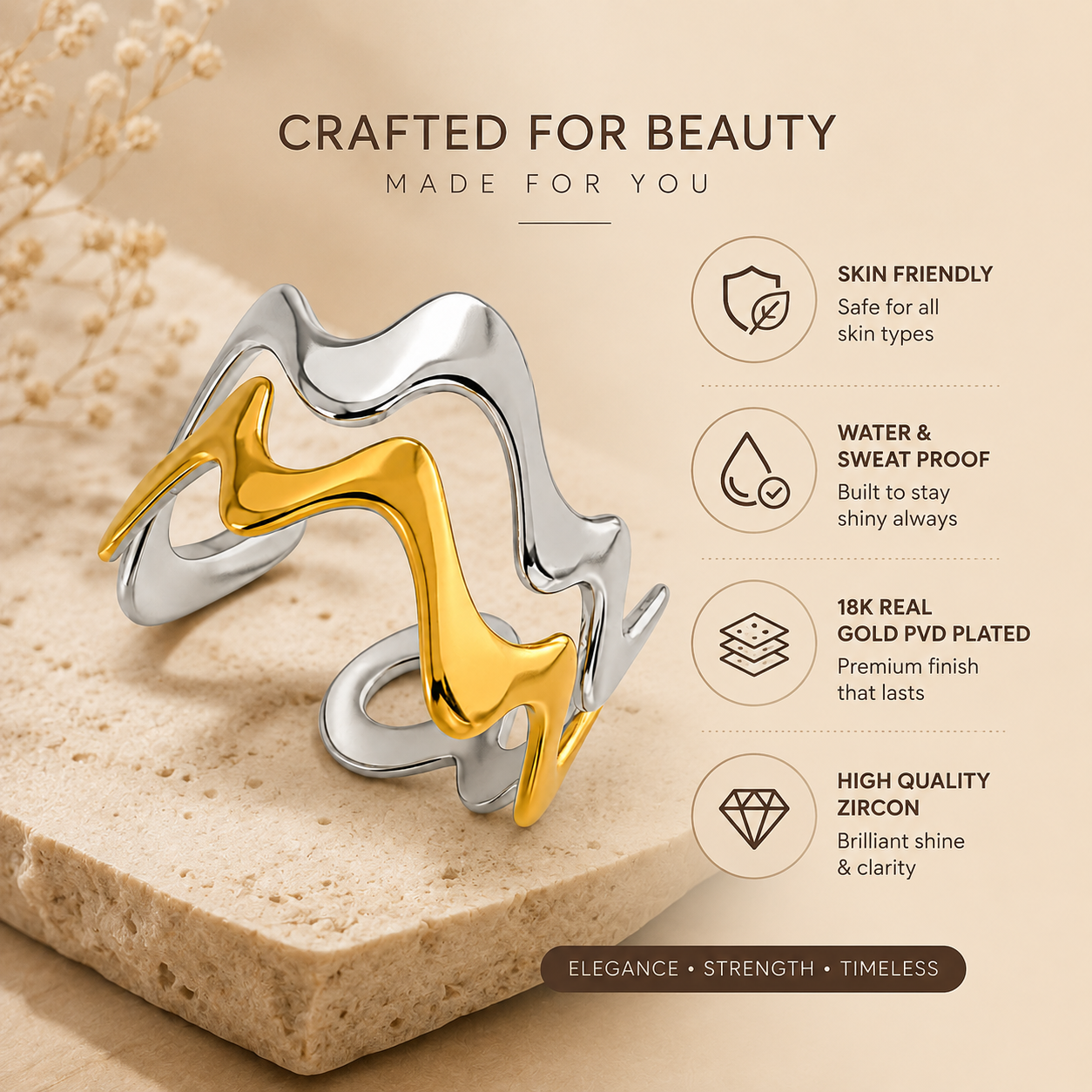 Trendy Golden Silver Wavy Flexi Size Ring | 18K PVD Gold Plated- For Women | Includes: Ring
