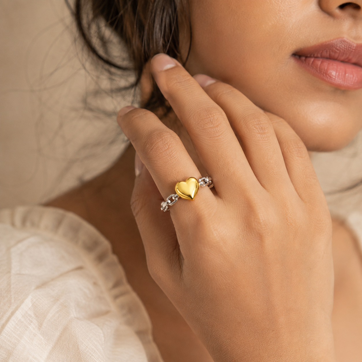 Silver Golden Heart Flexi Size Ring | 18K PVD Gold Plated- For Women | Includes: Ring