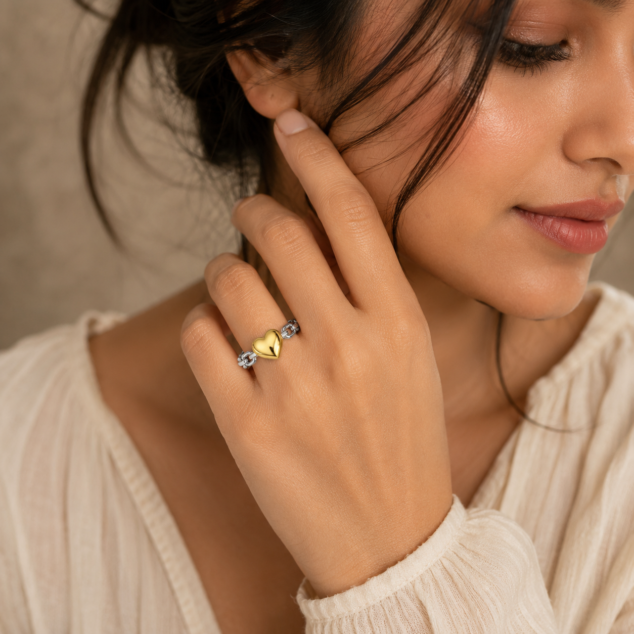 Silver Golden Heart Flexi Size Ring | 18K PVD Gold Plated- For Women | Includes: Ring