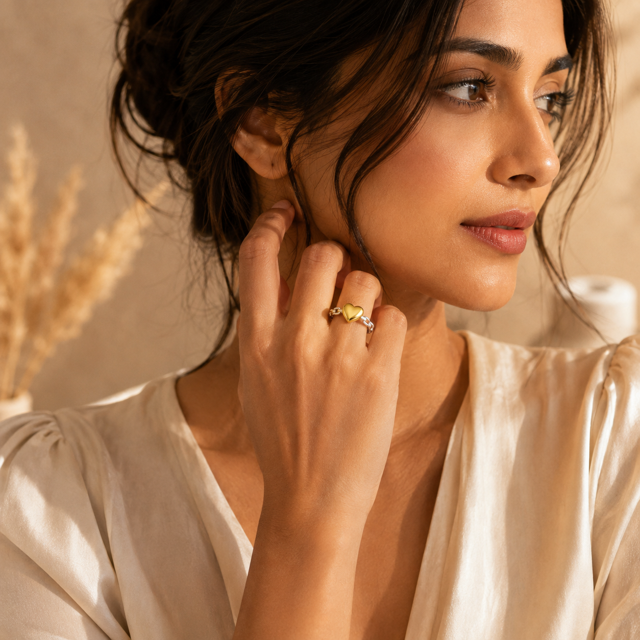 Silver Golden Heart Flexi Size Ring | 18K PVD Gold Plated- For Women | Includes: Ring