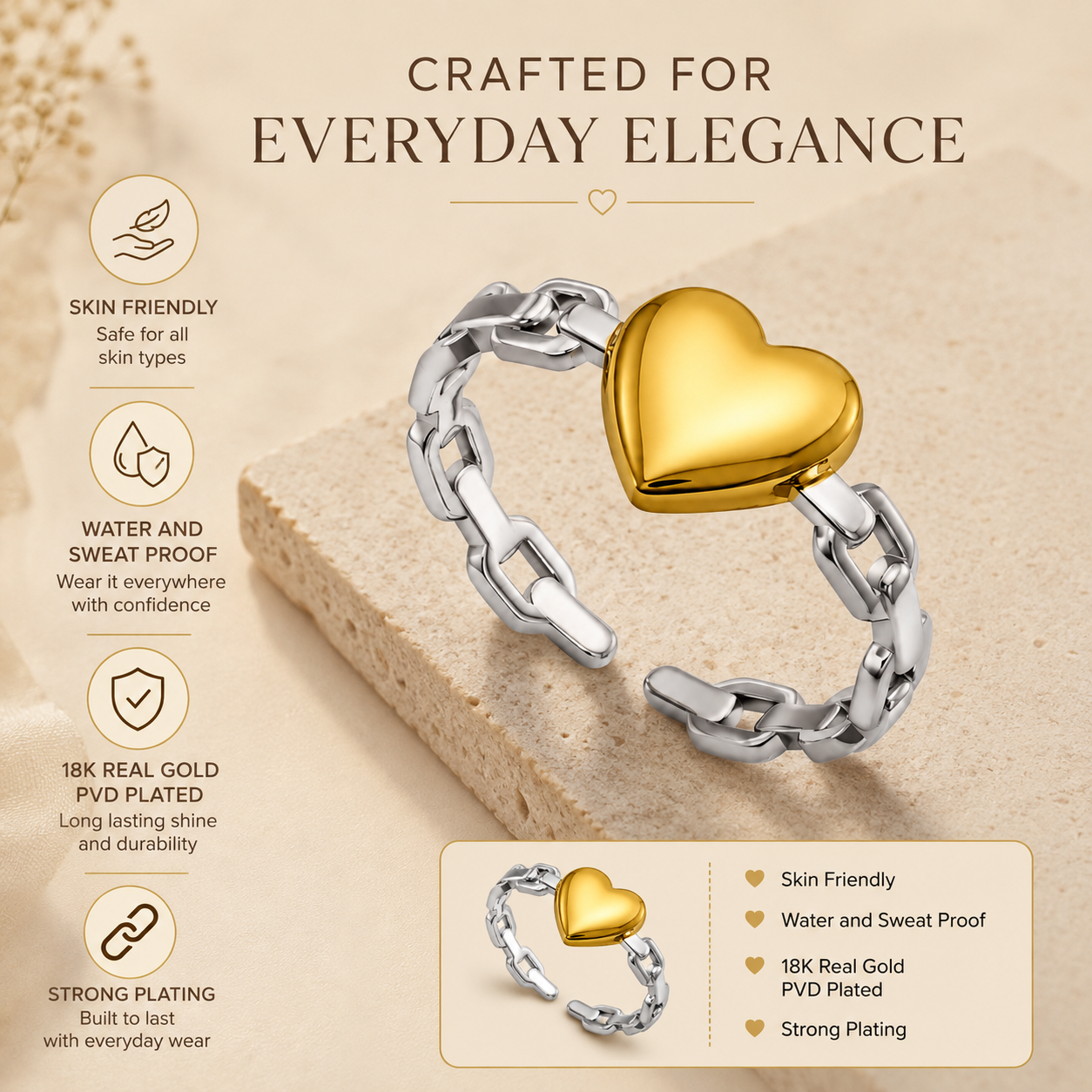 Silver Golden Heart Flexi Size Ring | 18K PVD Gold Plated- For Women | Includes: Ring