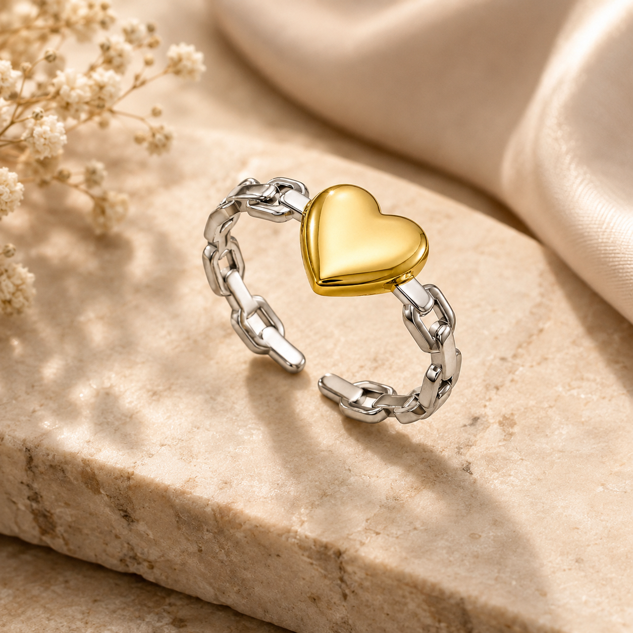 Silver Golden Heart Flexi Size Ring | 18K PVD Gold Plated- For Women | Includes: Ring