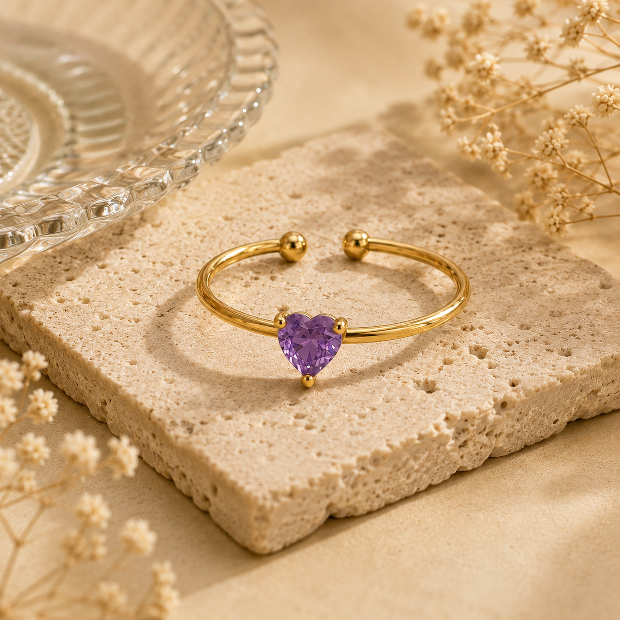 Dainty Purple Solitaire Heart Zircon Flexi Size Ring | 18K PVD Gold Plated- For Women | Includes: Ring