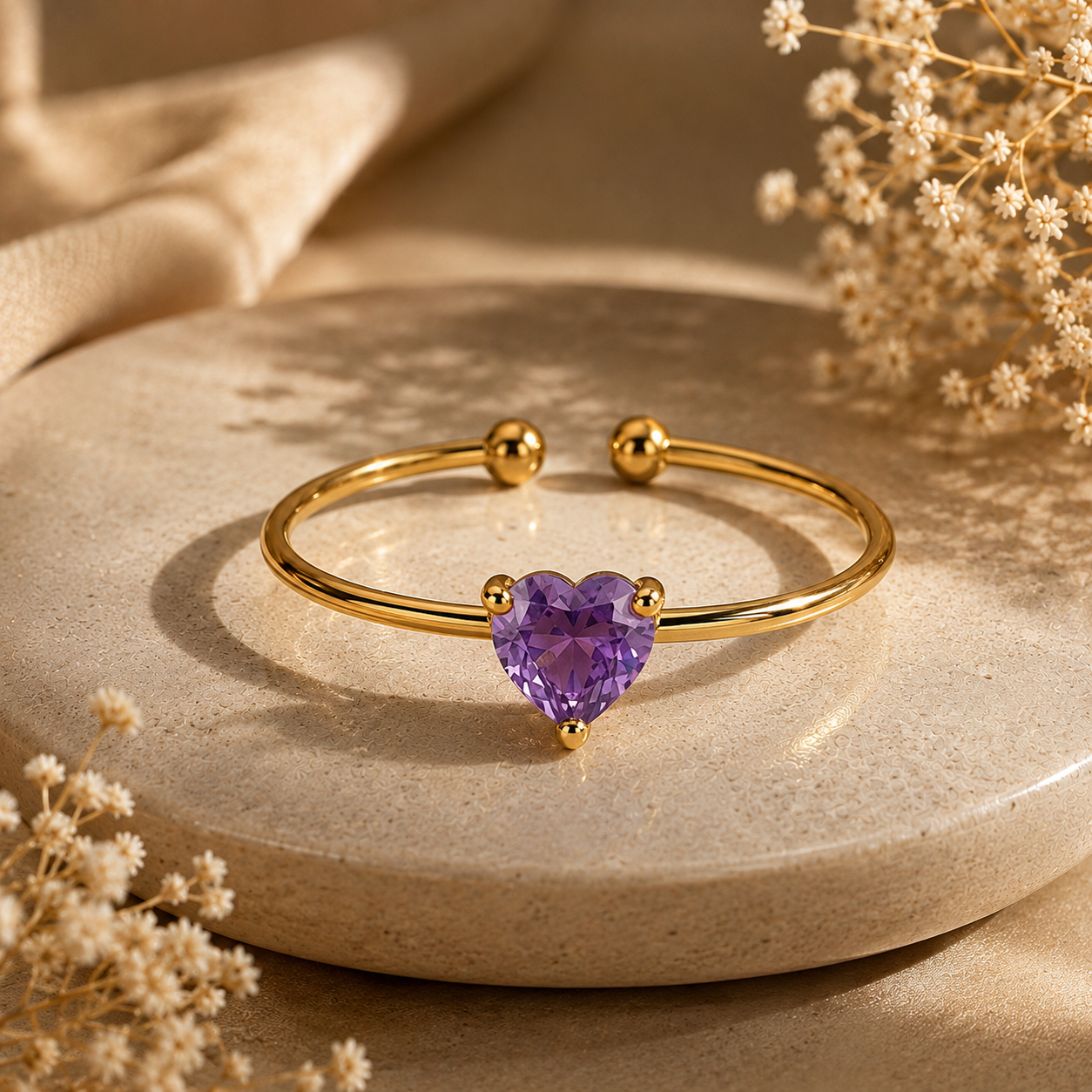 Dainty Purple Solitaire Heart Zircon Flexi Size Ring | 18K PVD Gold Plated- For Women | Includes: Ring