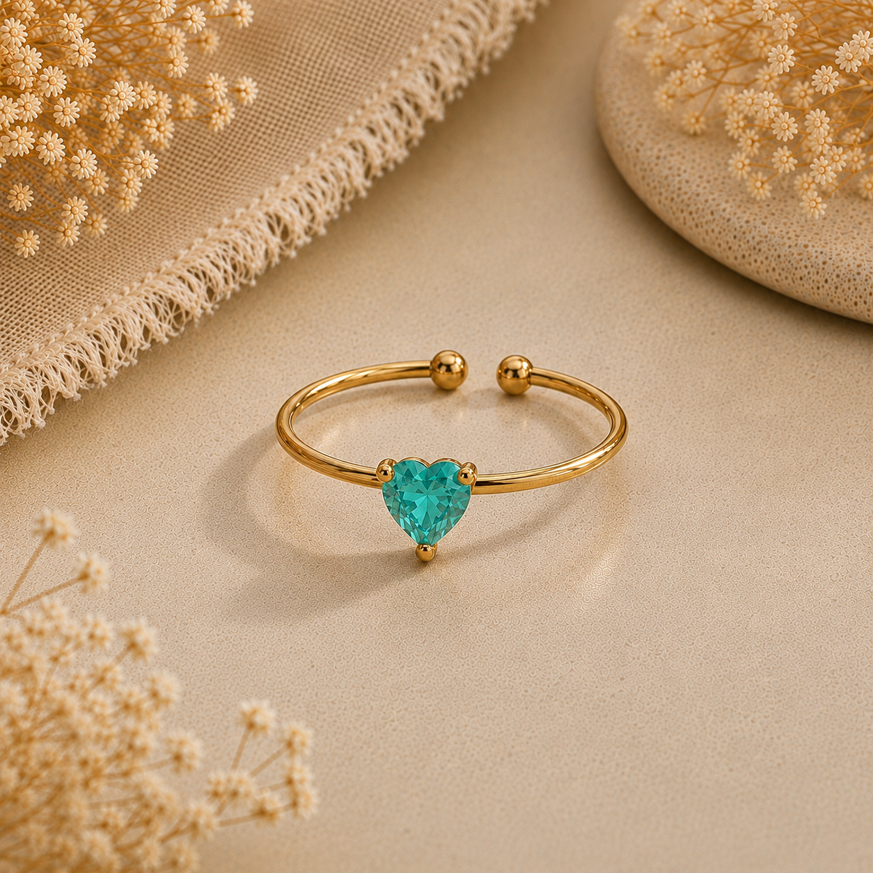 Dainty Cyan Solitaire Heart Zircon Flexi Size Ring | 18K PVD Gold Plated- For Women | Includes: Ring