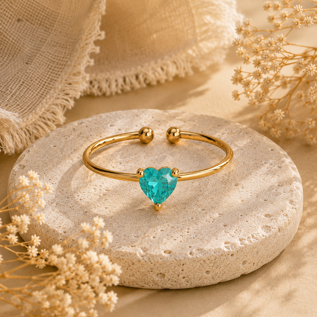 Dainty Cyan Solitaire Heart Zircon Flexi Size Ring | 18K PVD Gold Plated- For Women | Includes: Ring