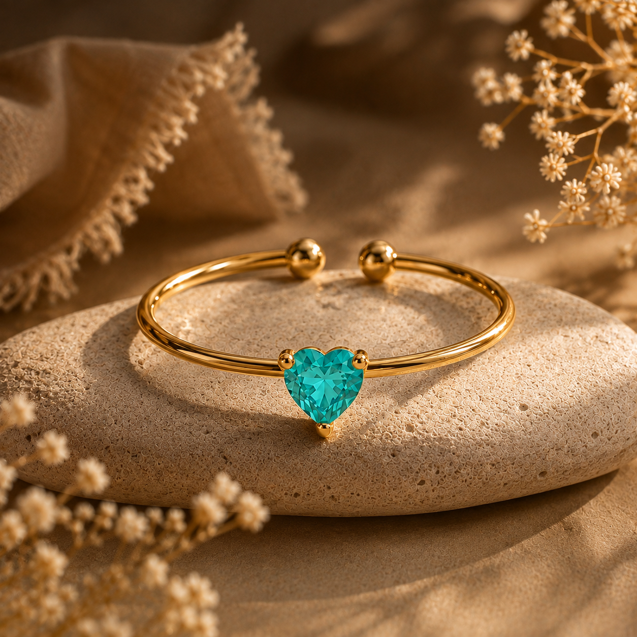 Dainty Cyan Solitaire Heart Zircon Flexi Size Ring | 18K PVD Gold Plated- For Women | Includes: Ring