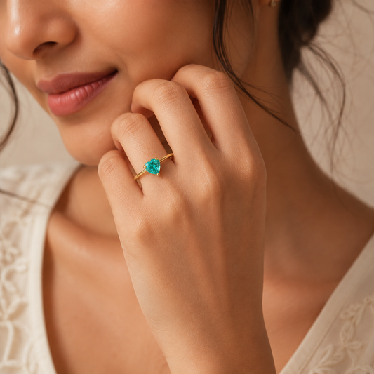 Dainty Cyan Solitaire Heart Zircon Flexi Size Ring | 18K PVD Gold Plated- For Women | Includes: Ring