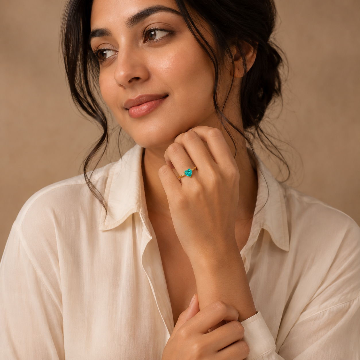 Dainty Cyan Solitaire Heart Zircon Flexi Size Ring | 18K PVD Gold Plated- For Women | Includes: Ring