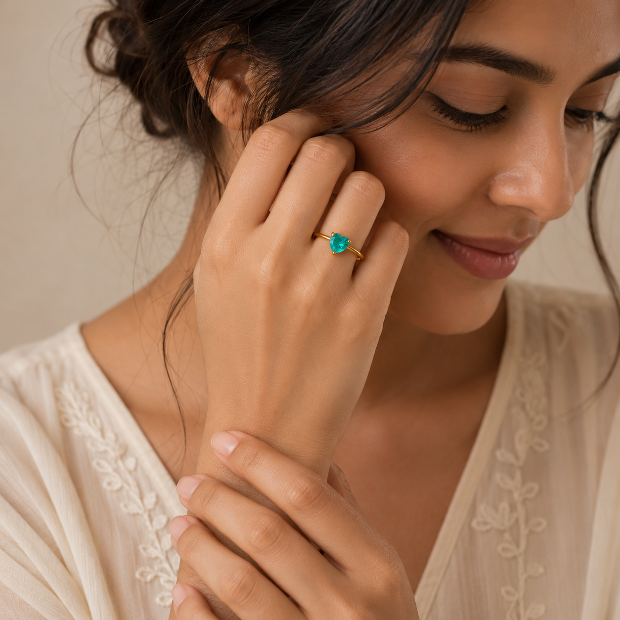 Dainty Cyan Solitaire Heart Zircon Flexi Size Ring | 18K PVD Gold Plated- For Women | Includes: Ring