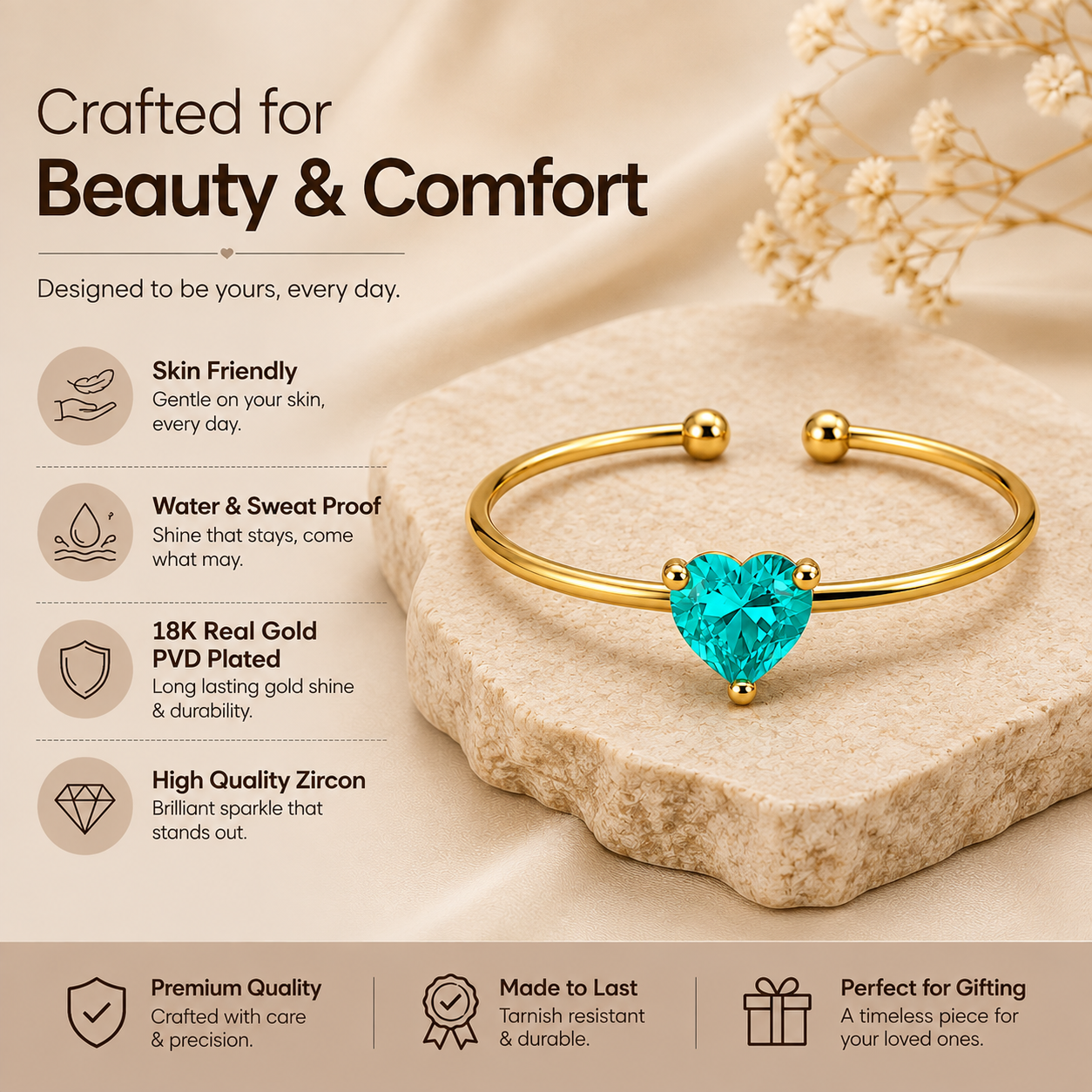 Dainty Cyan Solitaire Heart Zircon Flexi Size Ring | 18K PVD Gold Plated- For Women | Includes: Ring