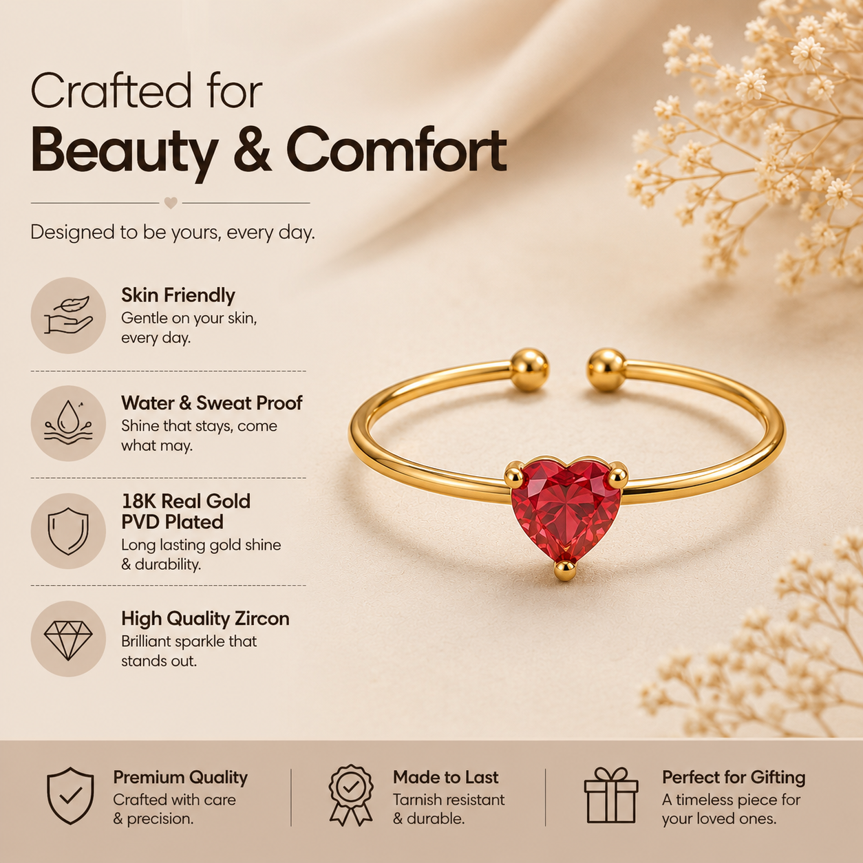 Dainty Red Solitaire Heart Zircon Flexi Size Ring | 18K PVD Gold Plated- For Women | Includes: Ring