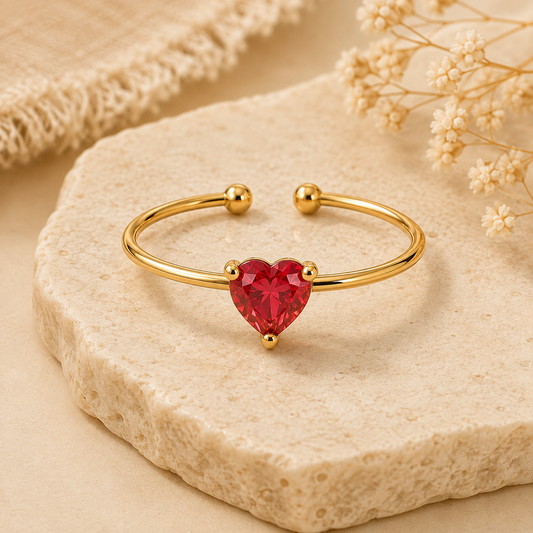 Dainty Red Solitaire Heart Zircon Flexi Size Ring | 18K PVD Gold Plated- For Women | Includes: Ring