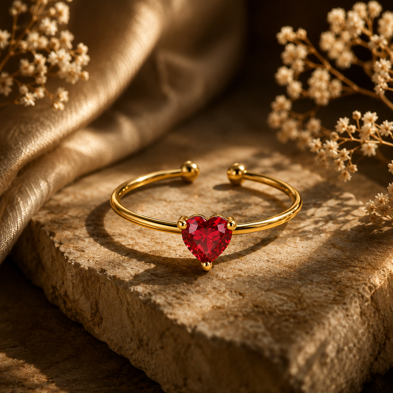 Dainty Red Solitaire Heart Zircon Flexi Size Ring | 18K PVD Gold Plated- For Women | Includes: Ring