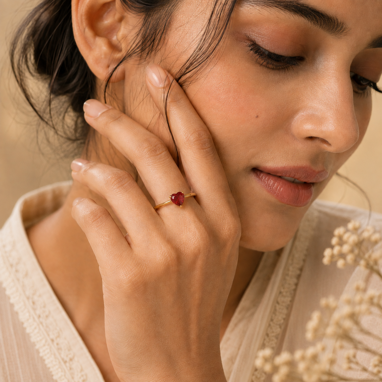 Dainty Red Solitaire Heart Zircon Flexi Size Ring | 18K PVD Gold Plated- For Women | Includes: Ring