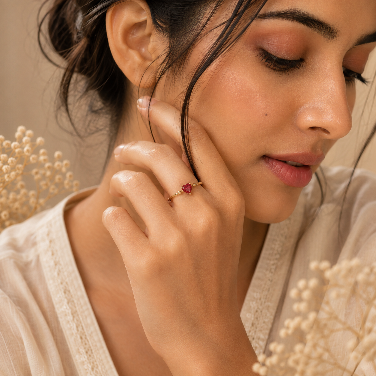 Dainty Red Solitaire Heart Zircon Flexi Size Ring | 18K PVD Gold Plated- For Women | Includes: Ring