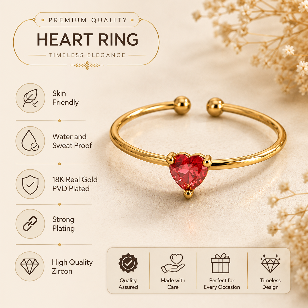 Dainty Red Solitaire Heart Zircon Flexi Size Ring | 18K PVD Gold Plated- For Women | Includes: Ring