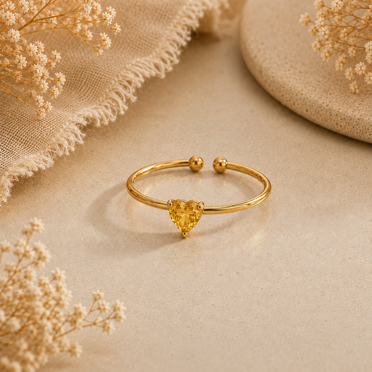 Dainty Yellow Solitaire Heart Zircon Flexi Size Ring | 18K PVD Gold Plated- For Women | Includes: Ring