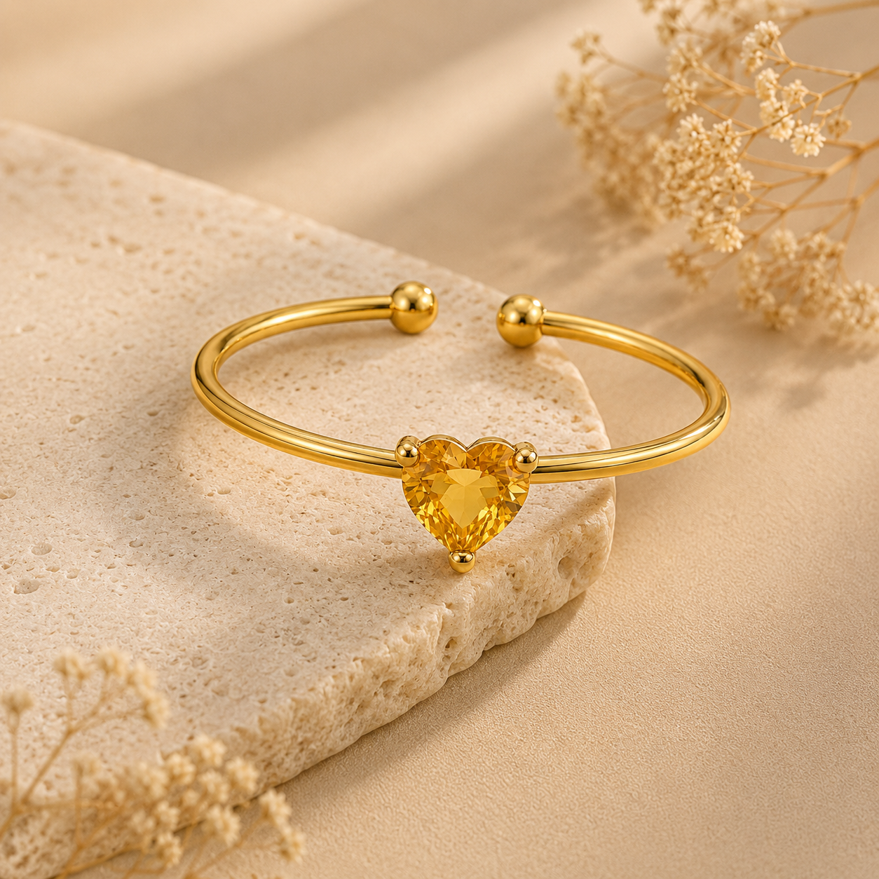 Dainty Yellow Solitaire Heart Zircon Flexi Size Ring | 18K PVD Gold Plated- For Women | Includes: Ring