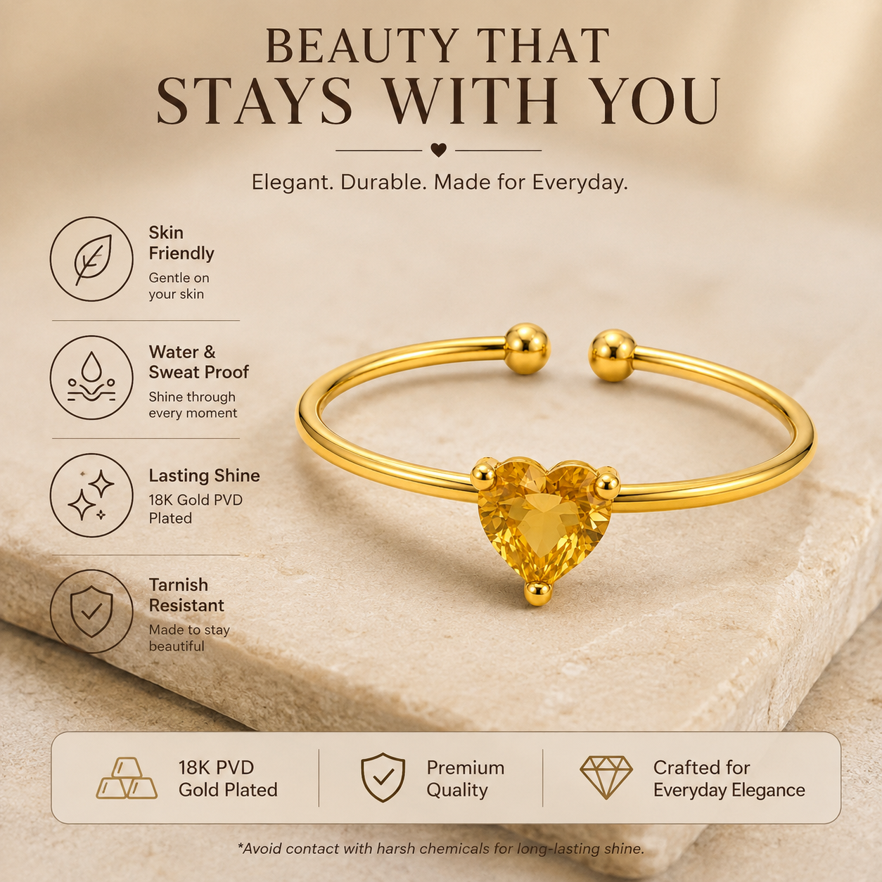 Dainty Yellow Solitaire Heart Zircon Flexi Size Ring | 18K PVD Gold Plated- For Women | Includes: Ring