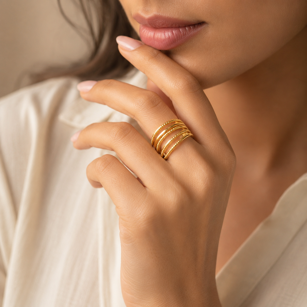 Multi-Layer Bead Line Flexi Size Ring | 18K PVD Gold Plated- For Women | Includes: Ring