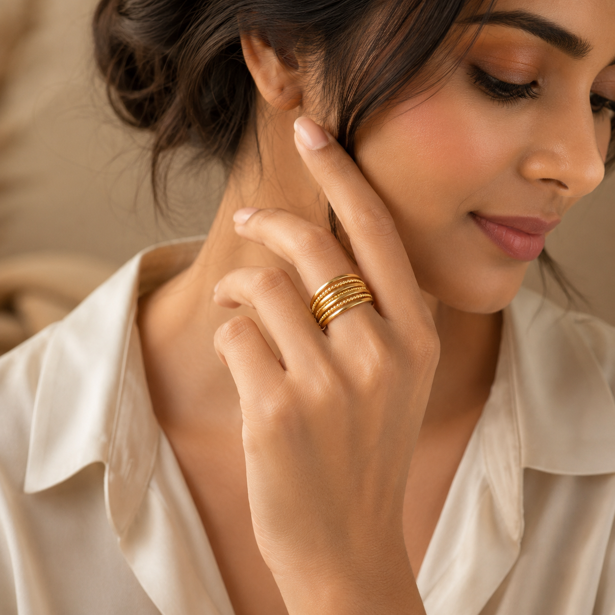 Multi-Layer Bead Line Flexi Size Ring | 18K PVD Gold Plated- For Women | Includes: Ring