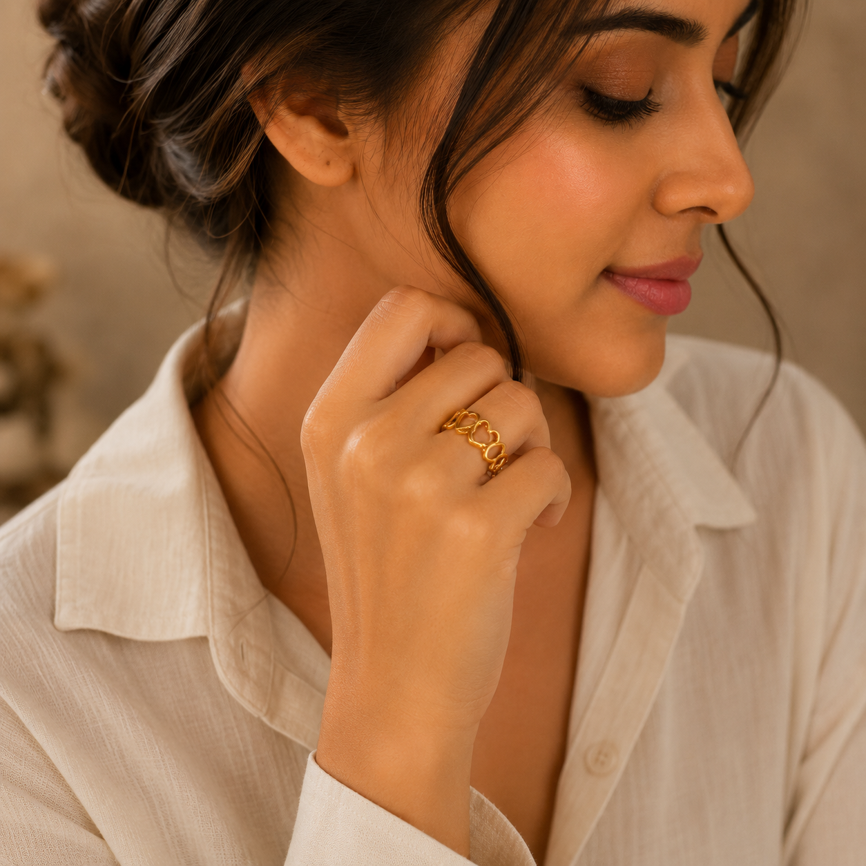 Multi-Heart Hollow Flexi Size Ring | 18K PVD Gold Plated- For Women | Includes: Ring