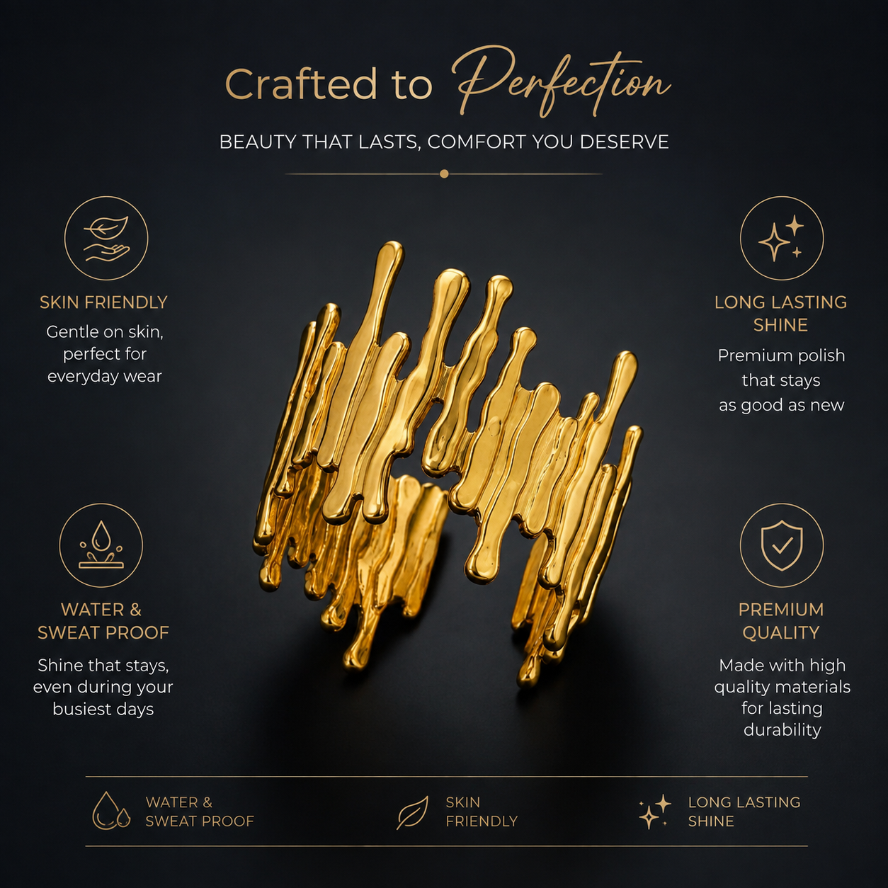 Drip Line Organic Zig-Zag Flexi Size Ring | 18K PVD Gold Plated- For Women | Includes: Ring
